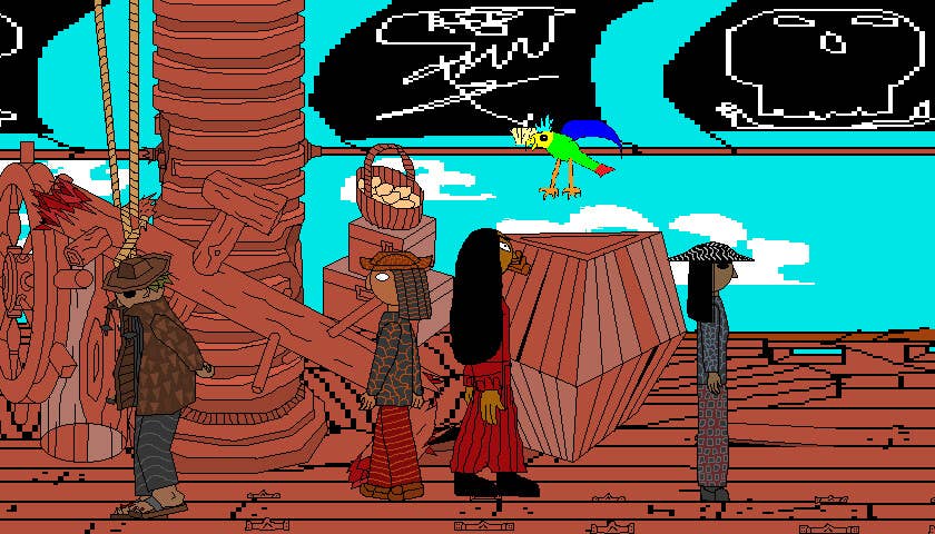 Walking along the deck of a pirate ship in Cape Hideous.